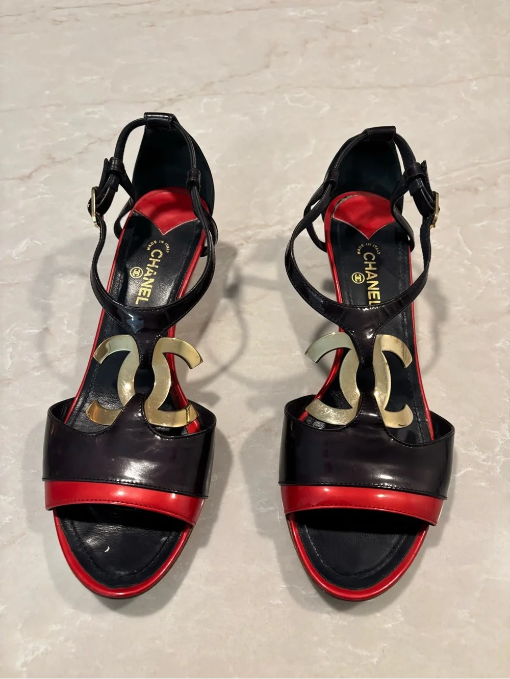 CHANEL Black and Red Patent Leather CC T-Strap Wedge